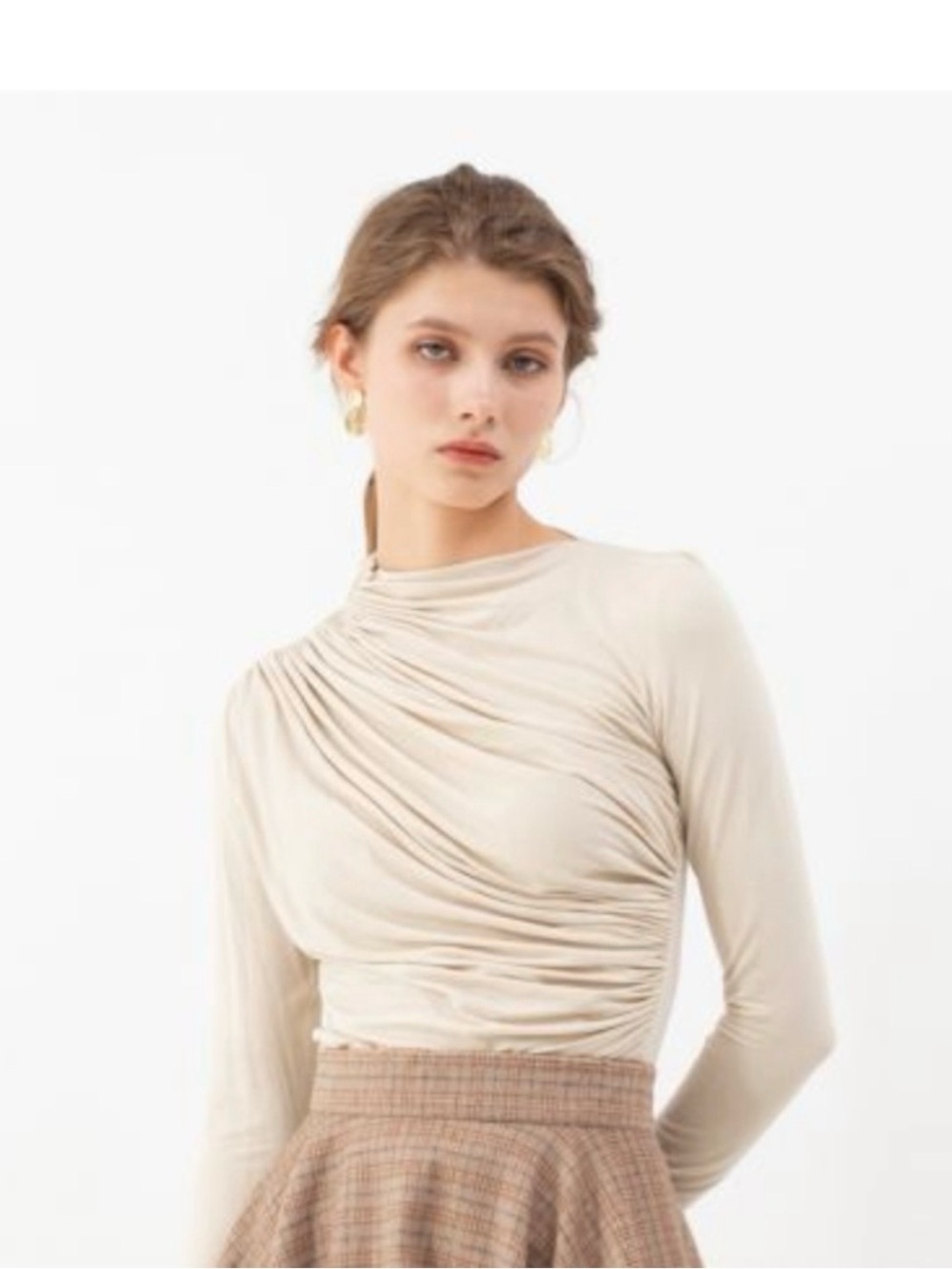 Chicwish Soft Ruched High Neck Top in Beige